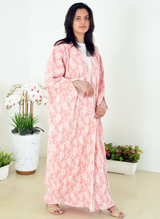 Bahraini Style Self Embossed Bisht Abaya With Stylish Stoned Mesh Embellishments | Bsi4065