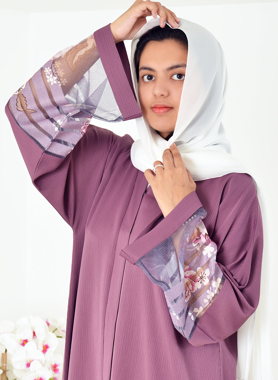 Stylish Self Printed Mesh Abaya With Intricate Embellishments | Bsi4069