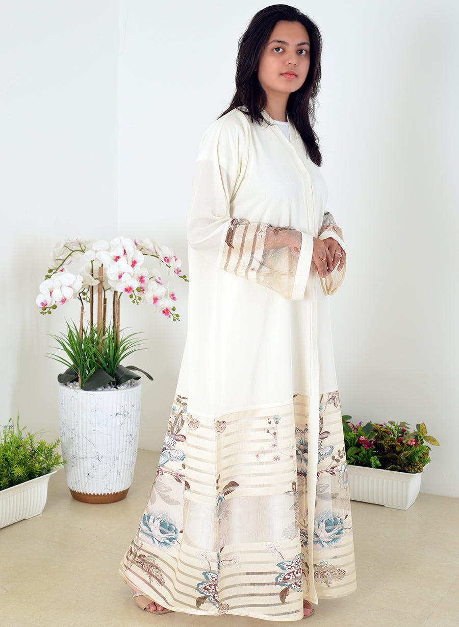 Stylish Self Printed Mesh Abaya With Intricate Embellishments | Bsi4071