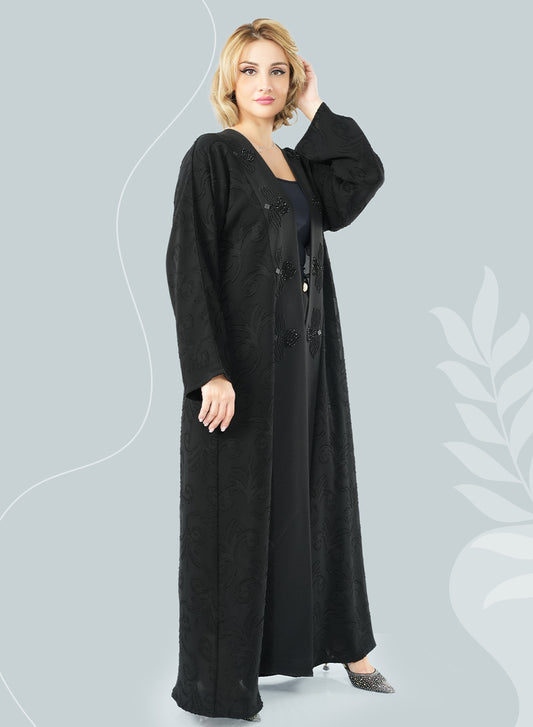 Elegant Self-Embossed Bisht Abaya with Beautiful Bead Embellishments for a Luxe Finish | Bsi4074