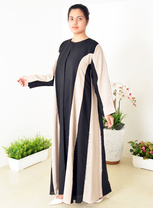 Chic Dual Color Abaya Adorned with Beaded Embellishments for a Stylish Look | Bsi4077