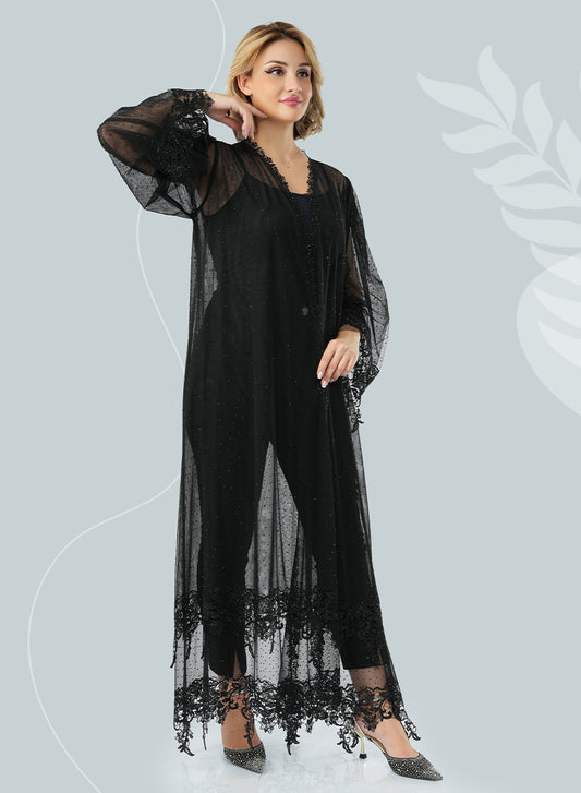 A Delicate Abaya Embellished with Lace and Stones, Featuring Delicate Net Trimming | Bsi4080