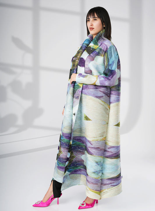 A Modern Self-Printed Pleated Bisht Abaya With Classic Patterns | Bsi4109