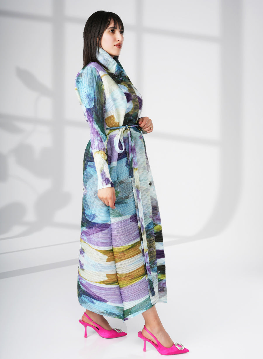 A Modern Self-Printed Pleated Bisht Abaya With Classic Patterns | Bsi4109