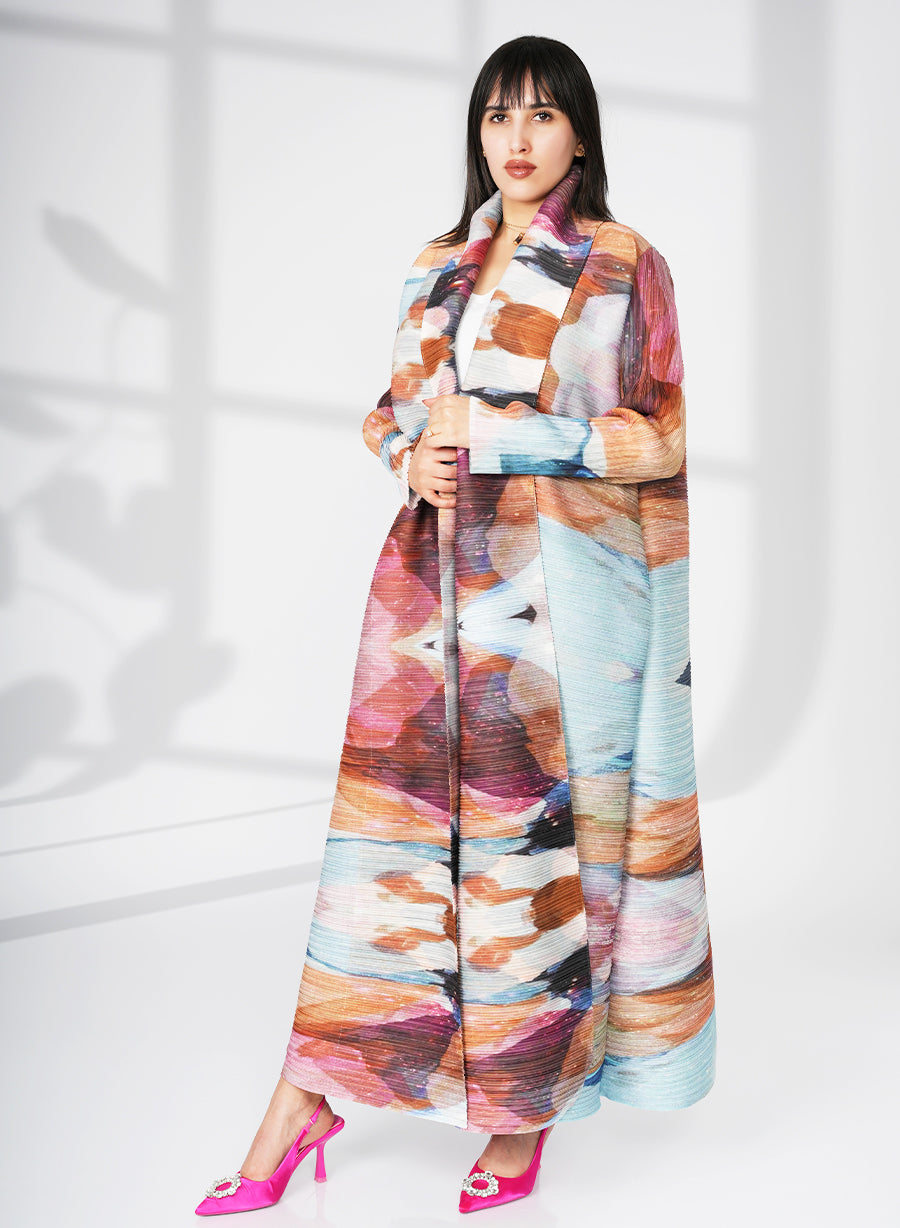 A Modern Self-Printed Pleated Bisht Abaya With Classic Patterns | Bsi4111