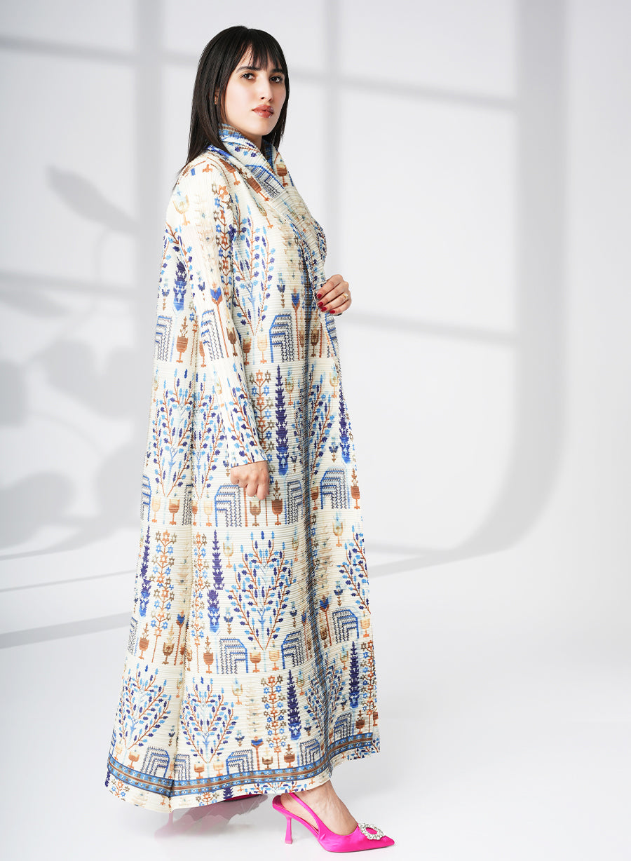 A Modern Self-Printed Pleated Bisht Abaya With Classic Patterns | Bsi4115