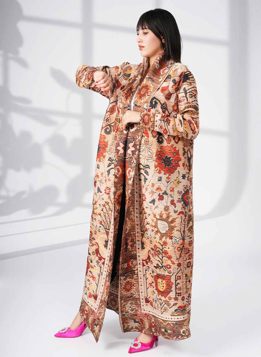 A Modern Self-Printed Pleated Bisht Abaya With Classic Patterns | Bsi4127