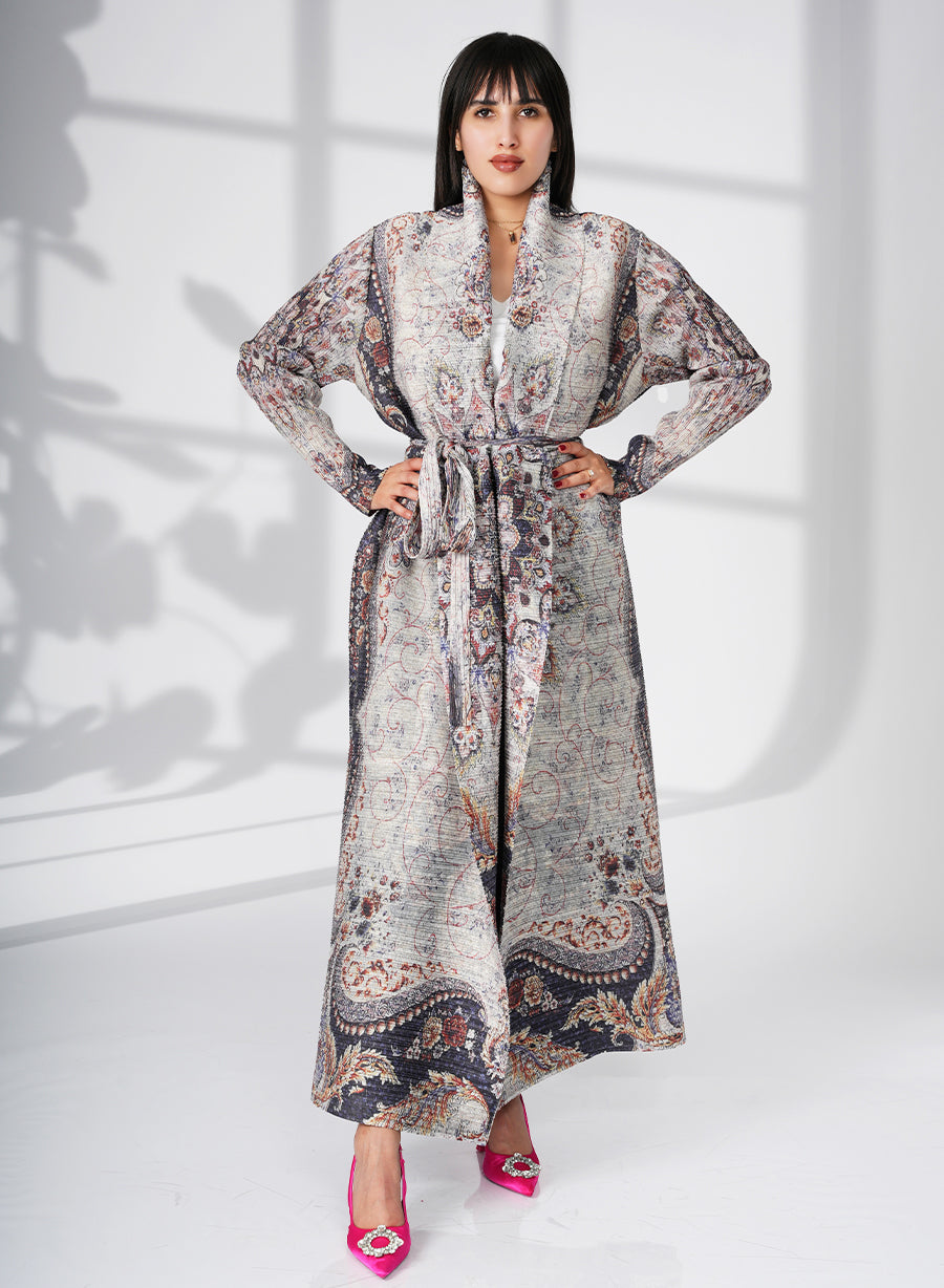 A Modern Self-Printed Pleated Bisht Abaya With Classic Patterns | Bsi4131