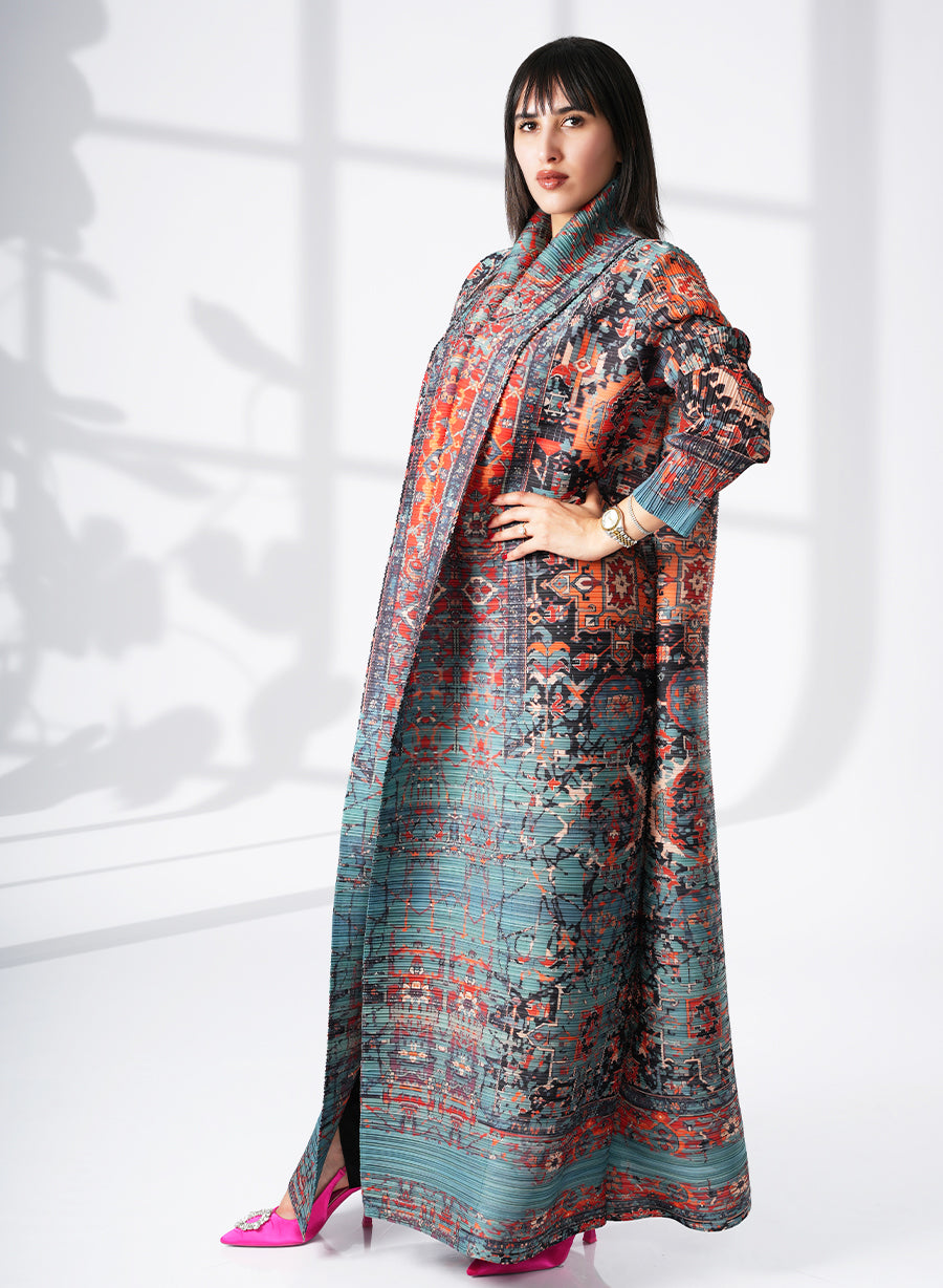 A Modern Self-Printed Pleated Bisht Abaya With Classic Patterns | Bsi4135