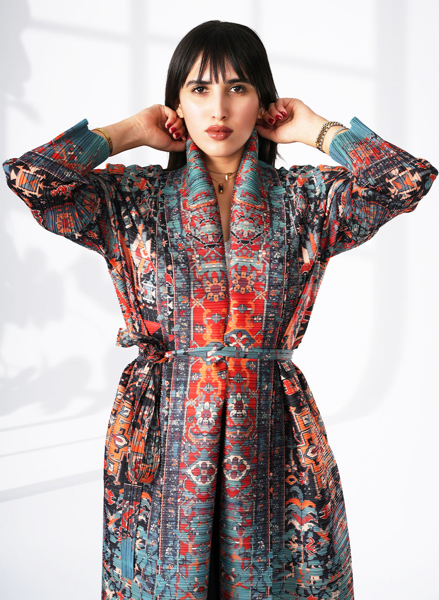 A Modern Self-Printed Pleated Bisht Abaya With Classic Patterns | Bsi4135