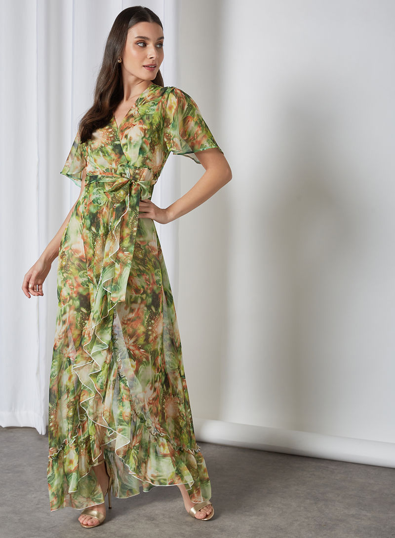 Bsid28-Abstract-printed maxidress featuring an overlap neckline with flutter sleeves and frilled trimmings