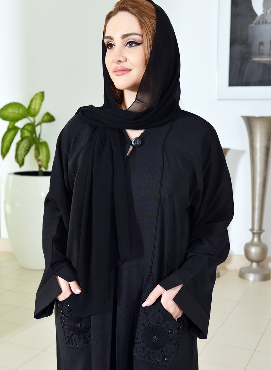 Black abaya with pockets sale