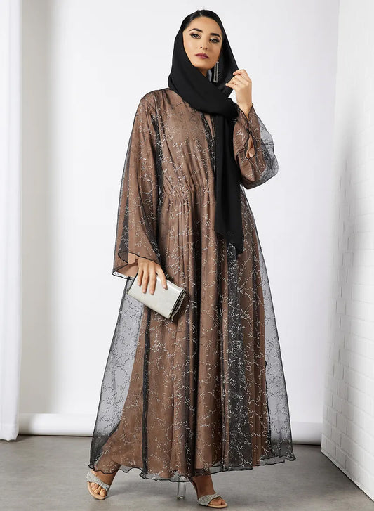 Silver Foiled Organza Abaya with Lining and Belt – Embrace Umbrella Style! | Bsi3581