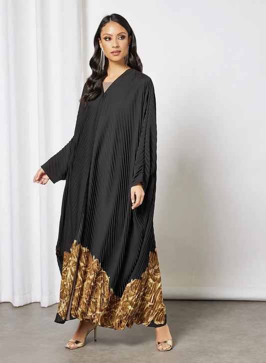 Bsi3621-Modest pleated self printed farasha abaya