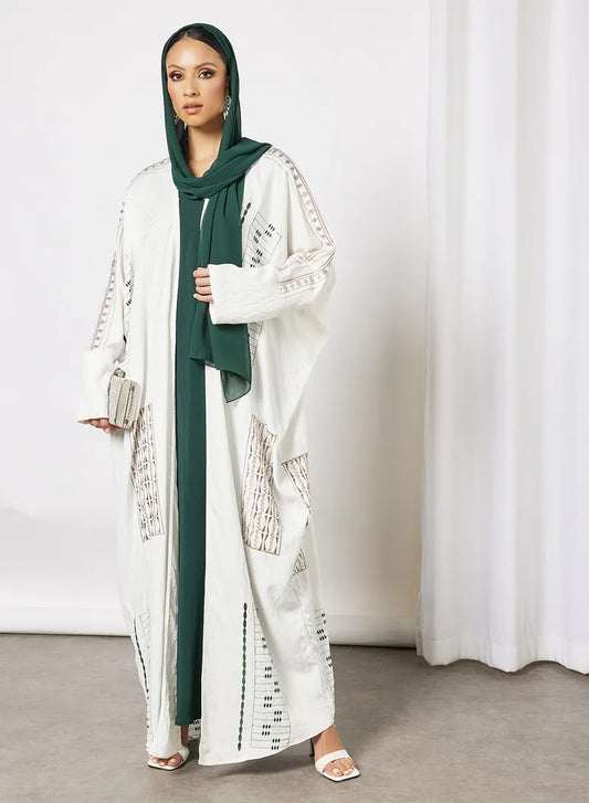 Bsi3636-Embroidered farasha style abaya with green inner