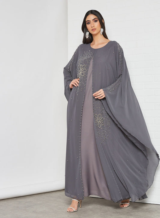 Pearls embellished farasha chiffon abaya with lining | Bsi3443