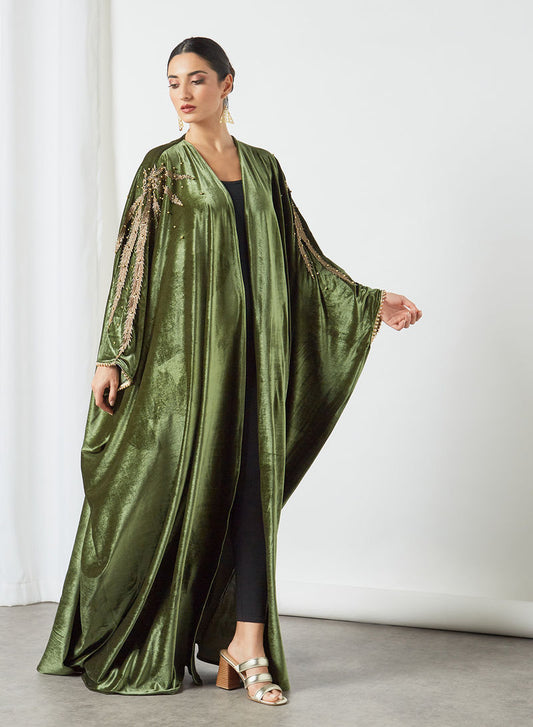Bisht Style Velvet Farasha Abaya With Lace And Pearl Embellished | Bsi3479